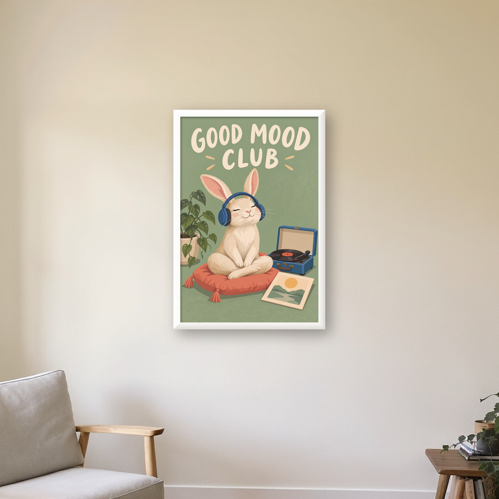 Kulaklık Takan Tavşan Poster – Pastel İllüstrasyon Sanatı — beyaz çerçeveli dikey poster