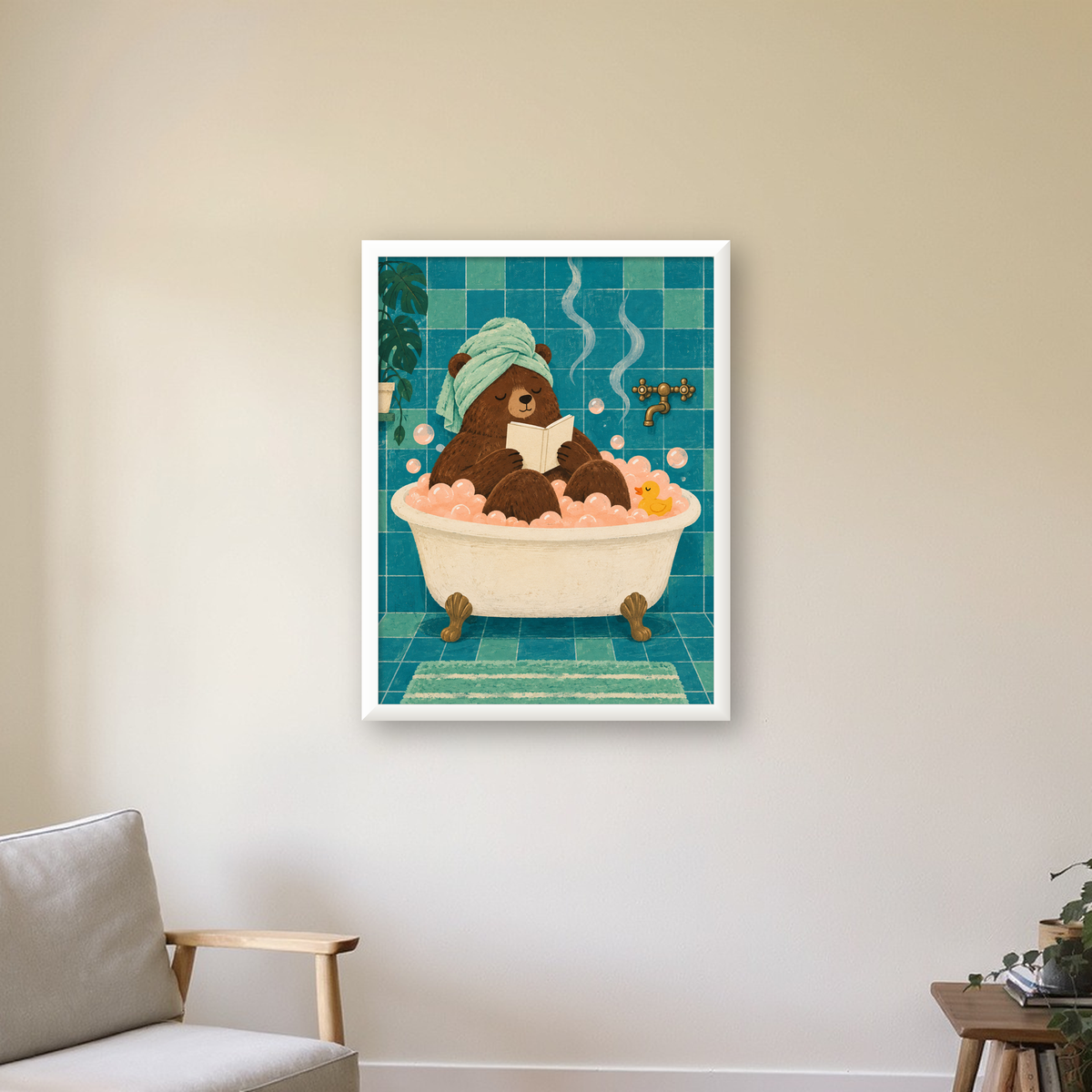 Banyoda Kitap Okuyan Ayı İllüstrasyon Poster — beyaz çerçeveli dikey poster