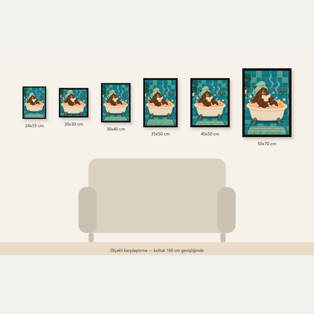 Banyoda Kitap Okuyan Ayı İllüstrasyon Poster — Dikey ölçülerinin karşılaştırması