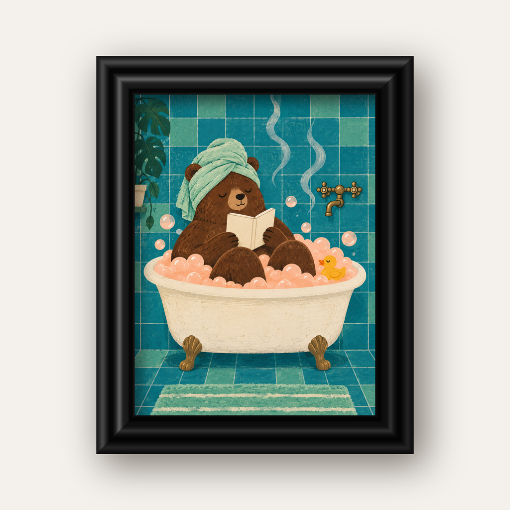 Banyoda Kitap Okuyan Ayı İllüstrasyon Poster — siyah galeri çerçeveli