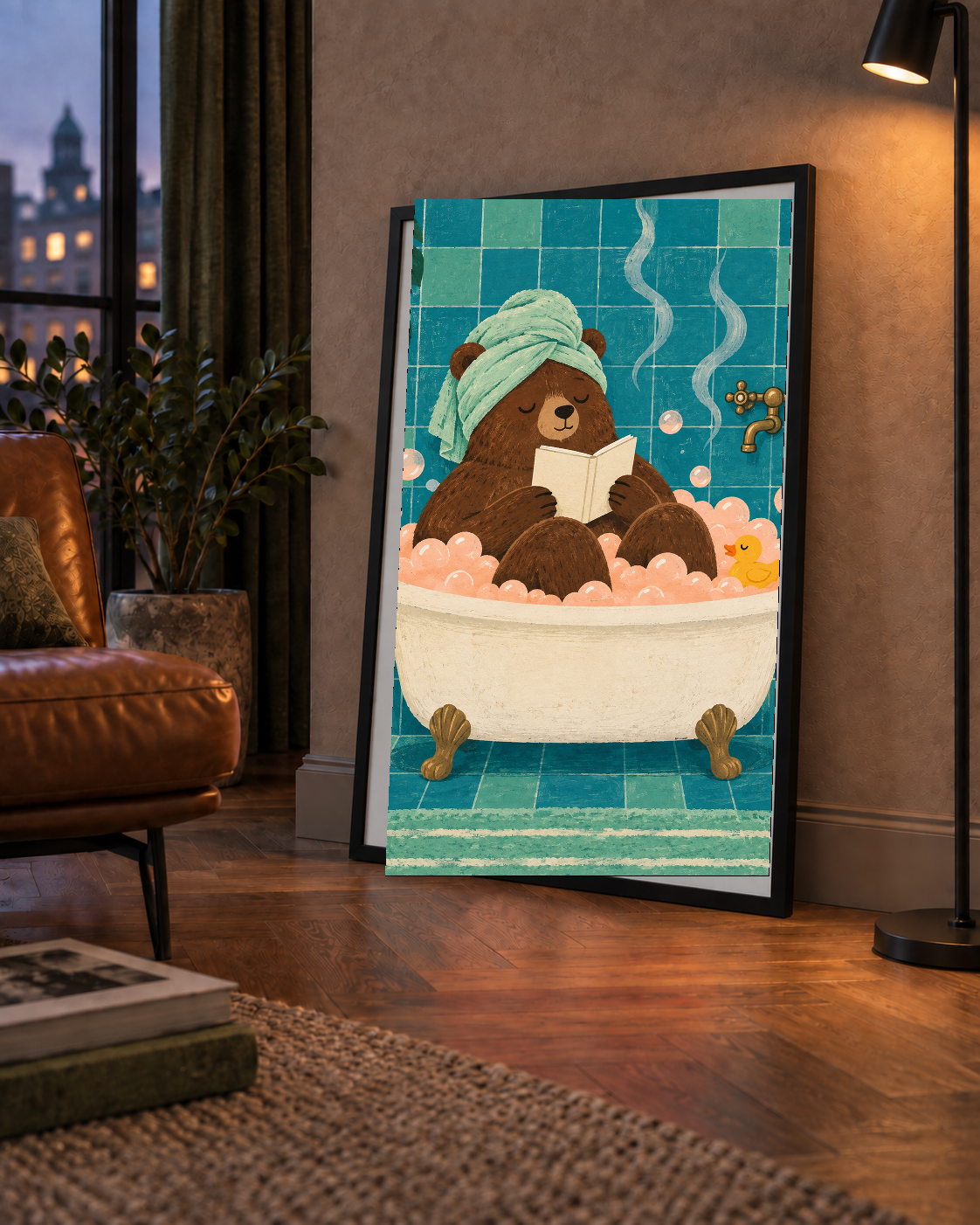 Banyoda Kitap Okuyan Ayı İllüstrasyon Poster