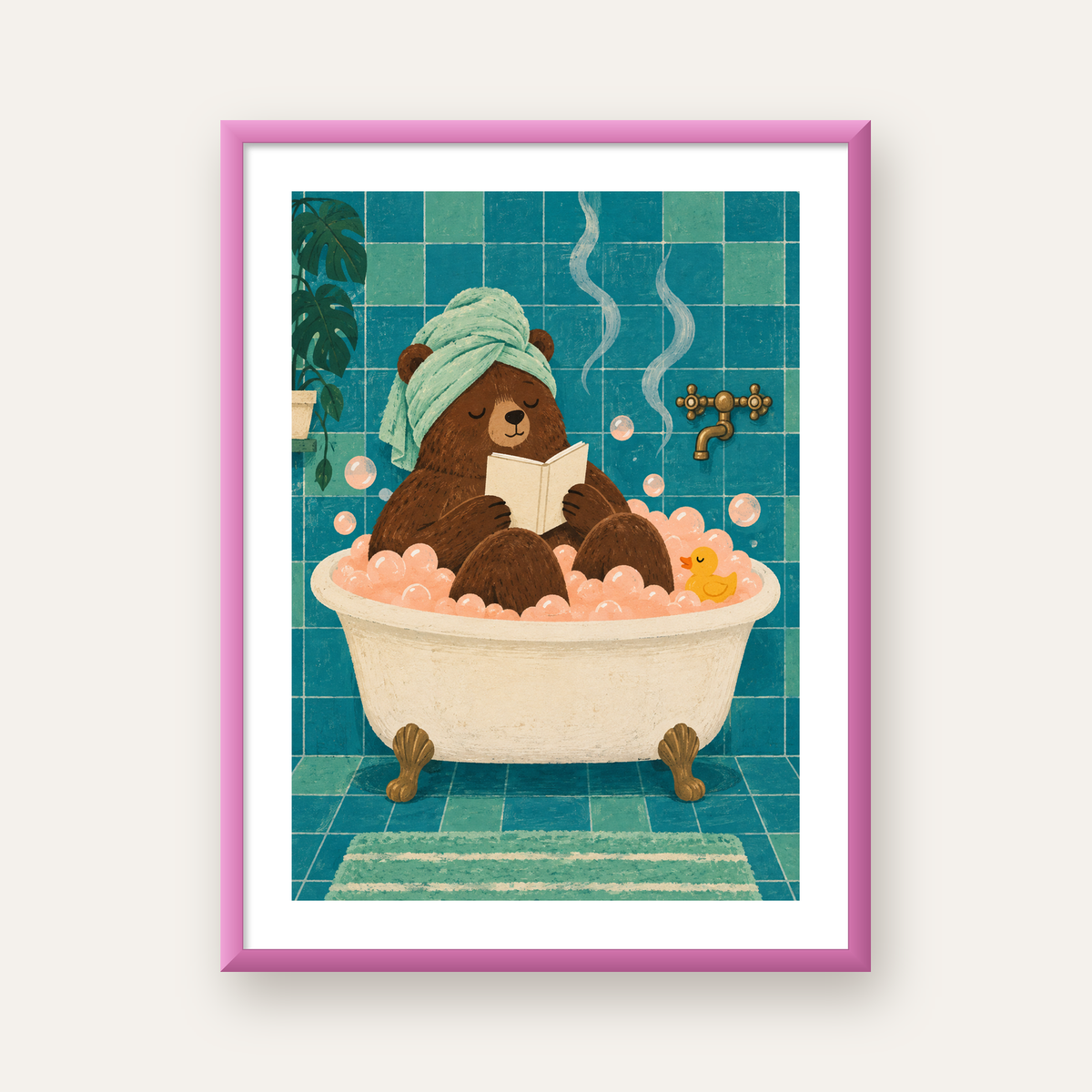 Banyoda Kitap Okuyan Ayı İllüstrasyon Poster — pembe çerçeveli paspartulu