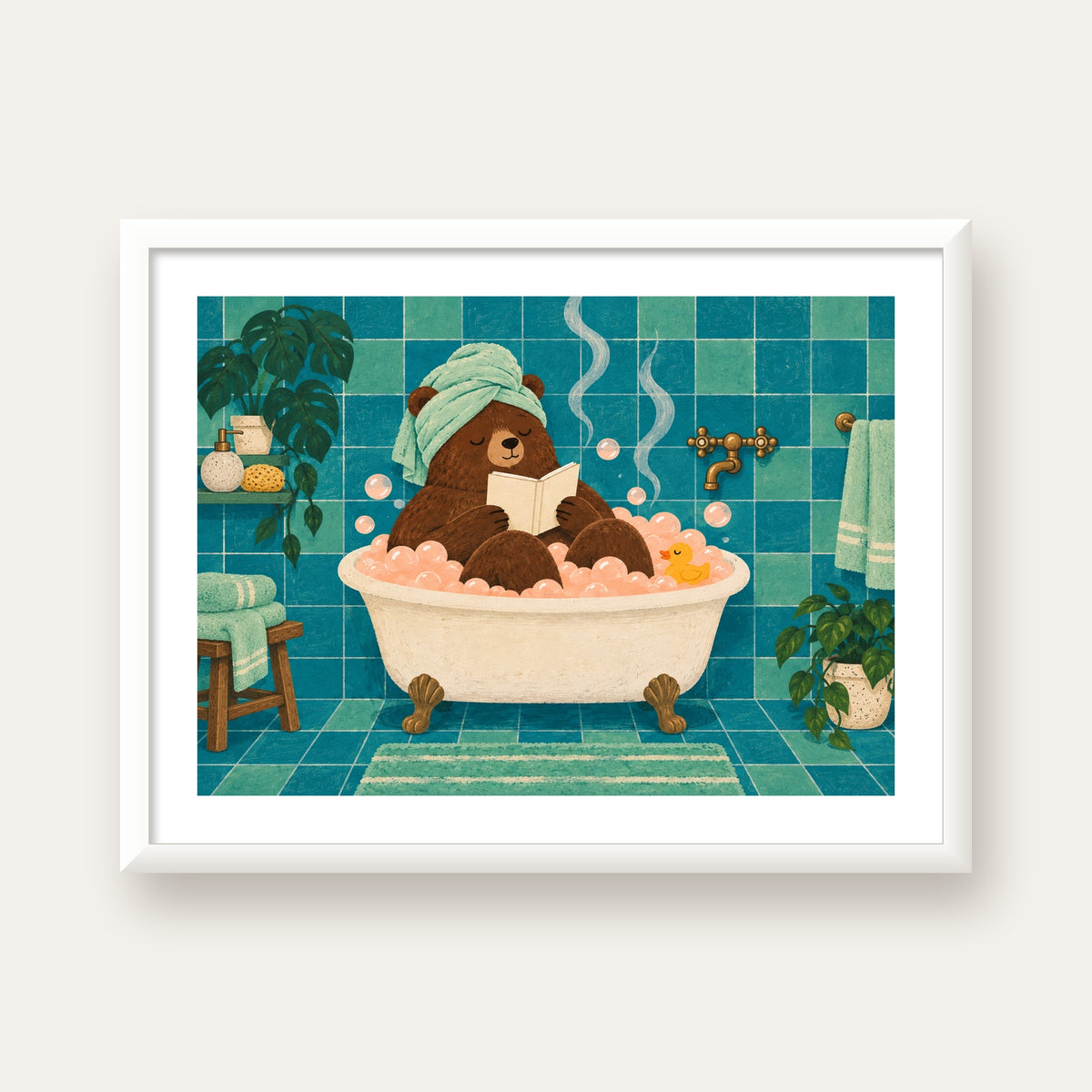 Banyoda Kitap Okuyan Ayı İllüstrasyon Poster — beyaz çerçeveli yatay poster