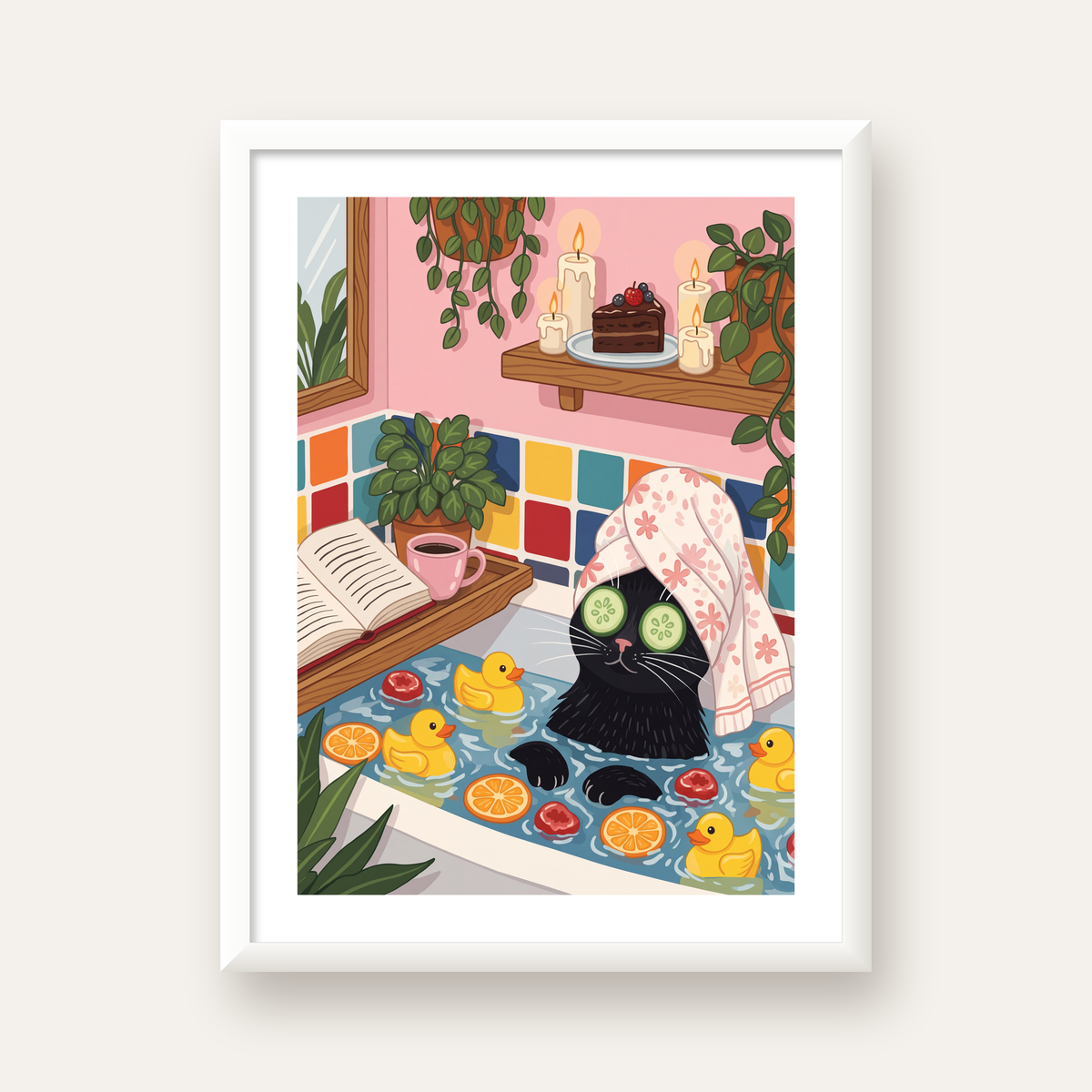 Spa Keyfi Yapan Kedi Posteri – Renkli Eğlenceli Duvar Dekoru — beyaz çerçeveli dikey poster