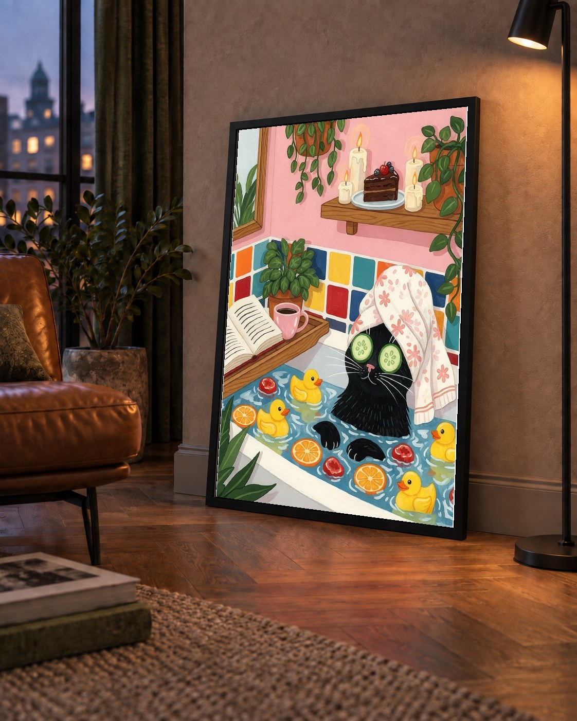 Spa Keyfi Yapan Kedi Posteri – Renkli Eğlenceli Duvar Dekoru