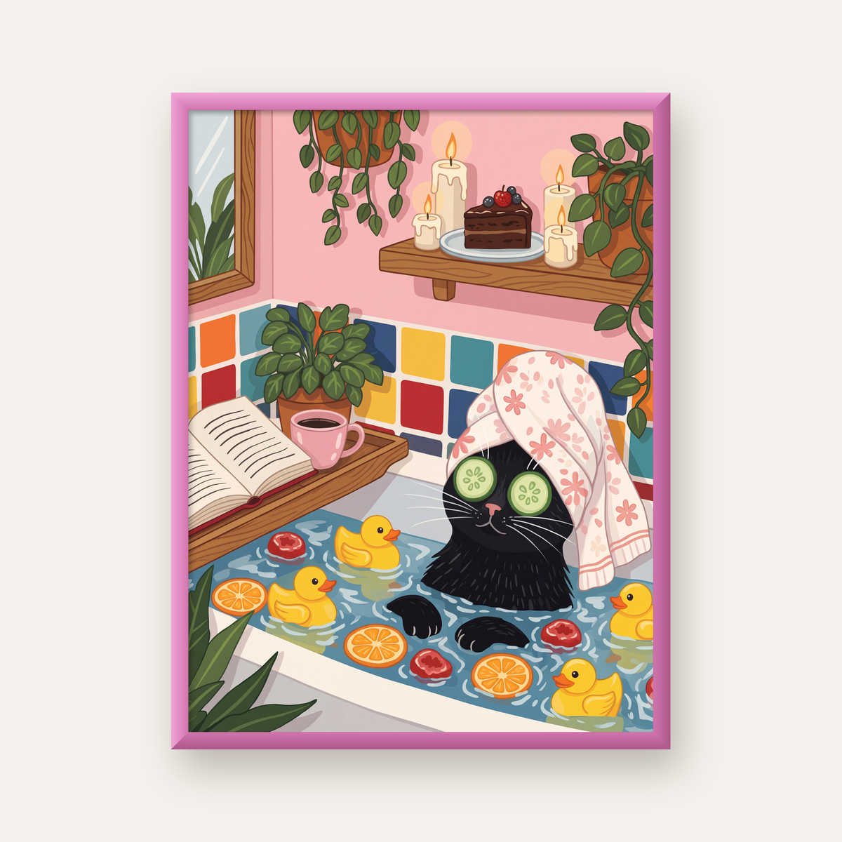 Spa Keyfi Yapan Kedi Posteri – Renkli Eğlenceli Duvar Dekoru — pembe çerçeveli