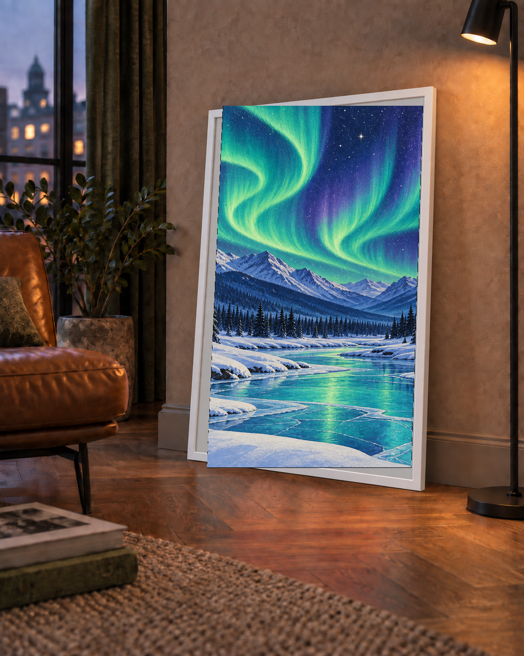 Kuzey Işıkları ve Karlı Dağlar Manzaralı Sanat Posteri