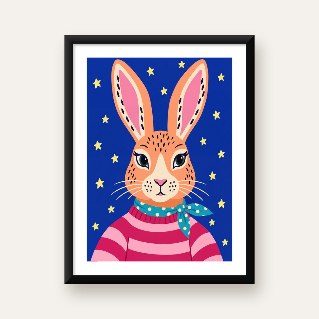 Şirin Tavşan Portresi Poster – Modern ve Renkli Sanat Baskısı — Dikey baskı, beyaz paspartulu