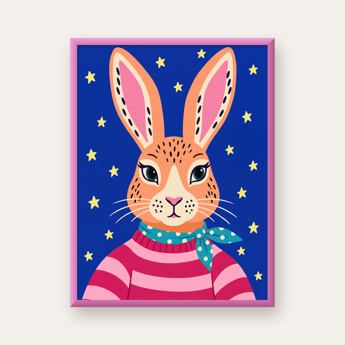 Şirin Tavşan Portresi Poster – Modern ve Renkli Sanat Baskısı — pembe çerçeveli