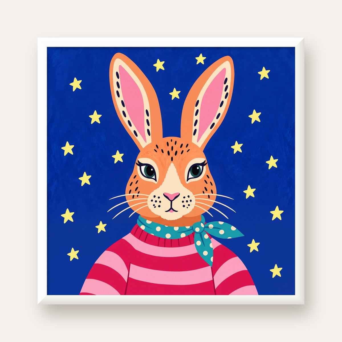 Şirin Tavşan Portresi Poster – Modern ve Renkli Sanat Baskısı — beyaz çerçeveli kare poster