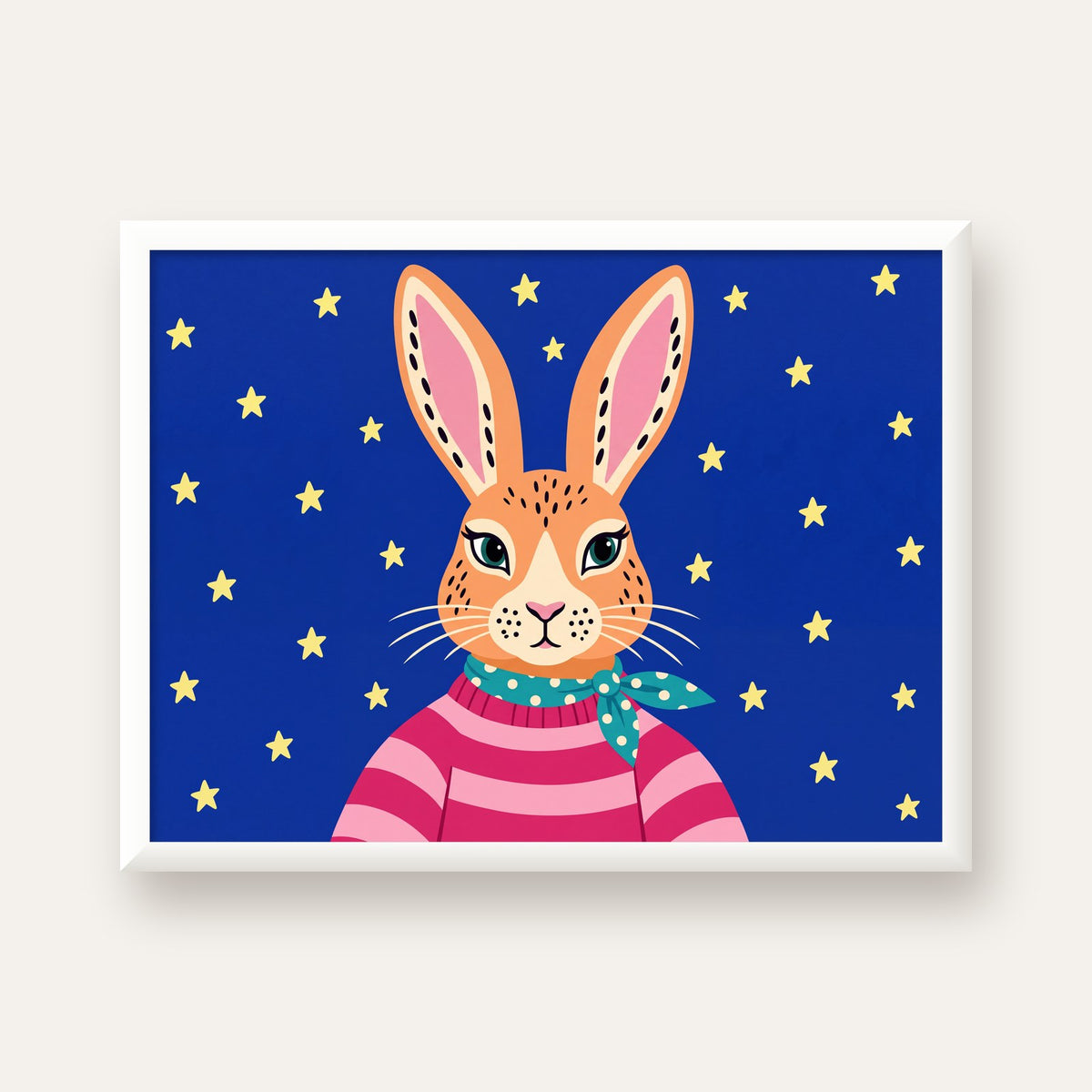 Şirin Tavşan Portresi Poster – Modern ve Renkli Sanat Baskısı — beyaz çerçeveli yatay poster