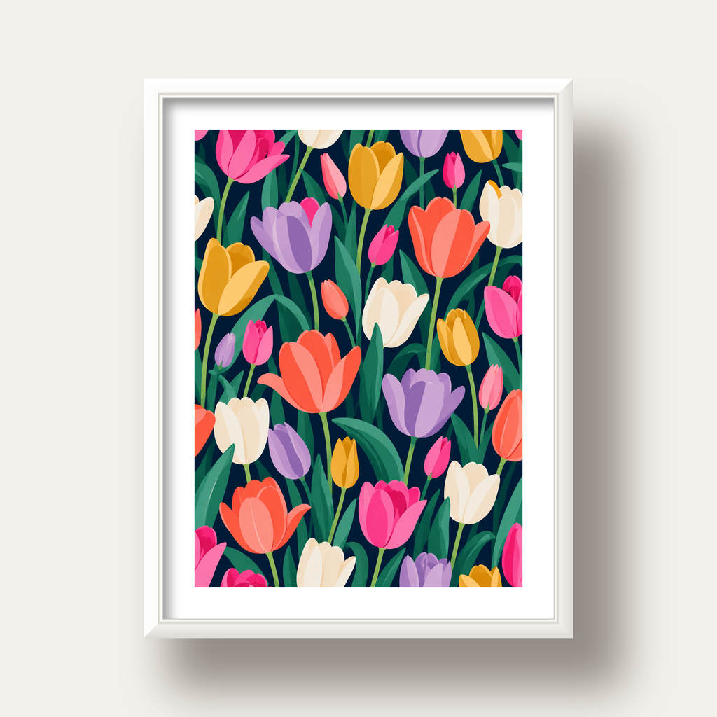 Renkli Lale Desenli Modern Dijital Poster Tablo — beyaz derin çerçeveli paspartulu
