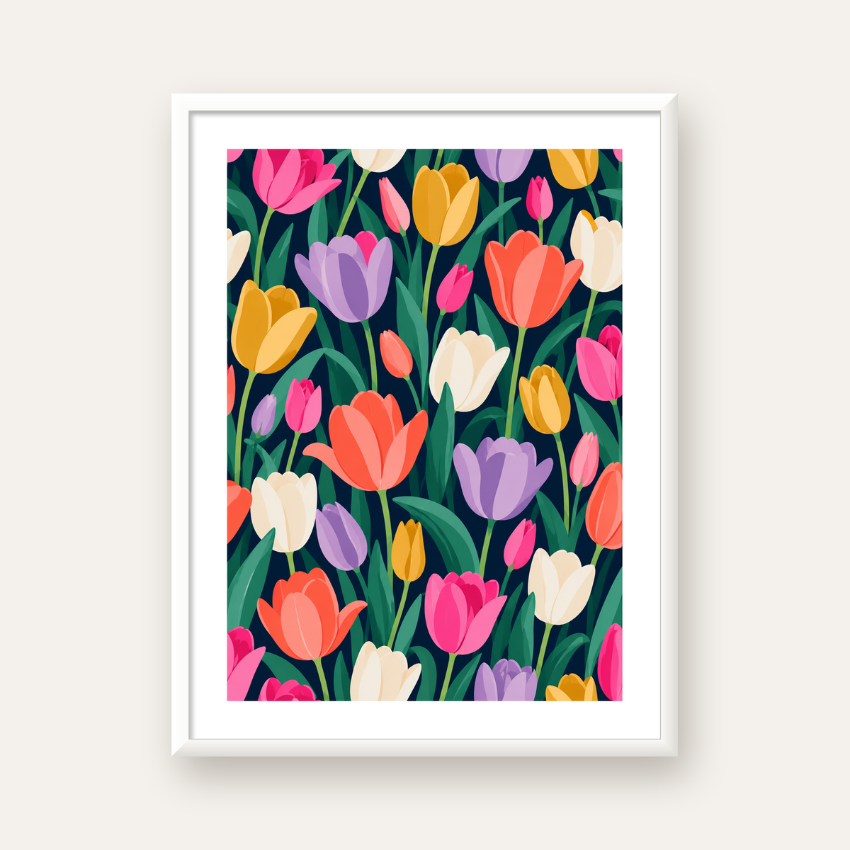Renkli Lale Desenli Modern Dijital Poster Tablo — beyaz çerçeveli dikey poster