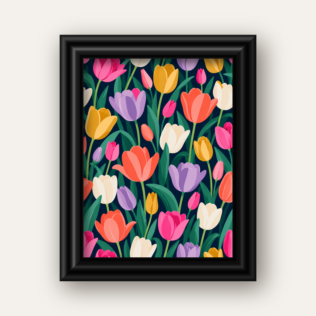 Renkli Lale Desenli Modern Dijital Poster Tablo — siyah galeri çerçeveli
