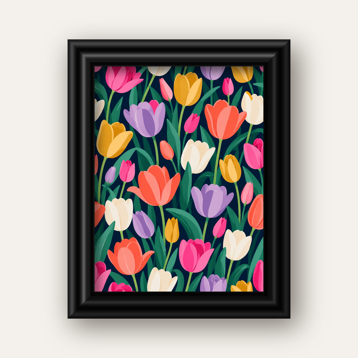 Renkli Lale Desenli Modern Dijital Poster Tablo — siyah galeri çerçeveli