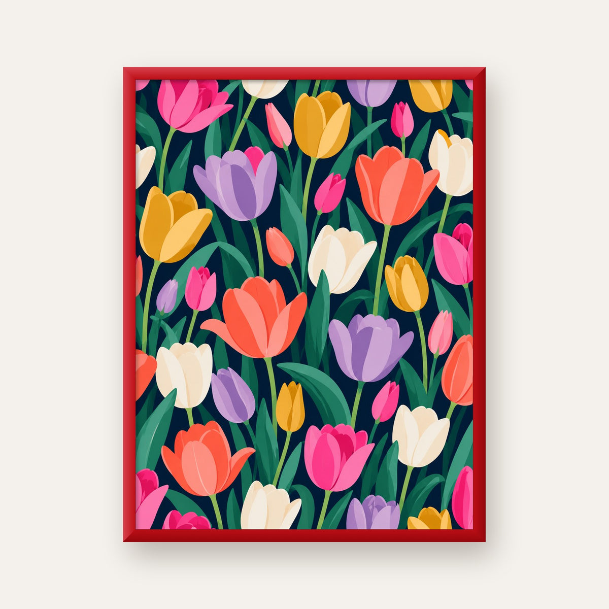 Renkli Lale Desenli Modern Dijital Poster Tablo — kırmızı çerçeveli