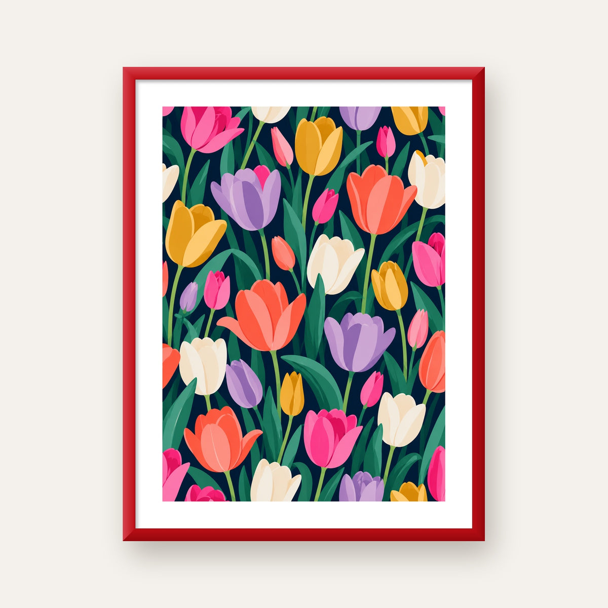 Renkli Lale Desenli Modern Dijital Poster Tablo — kırmızı çerçeveli paspartulu
