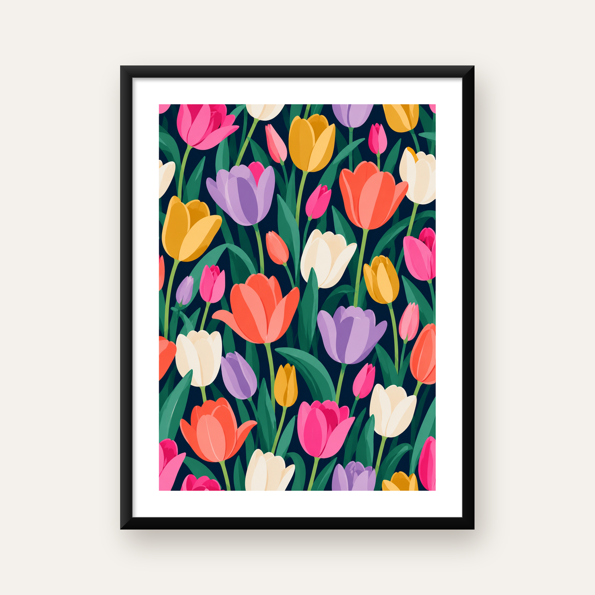 Koyu Zeminde Renkli Lale Desenli Modern Poster   — Dikey baskı, beyaz kenar boşluklu