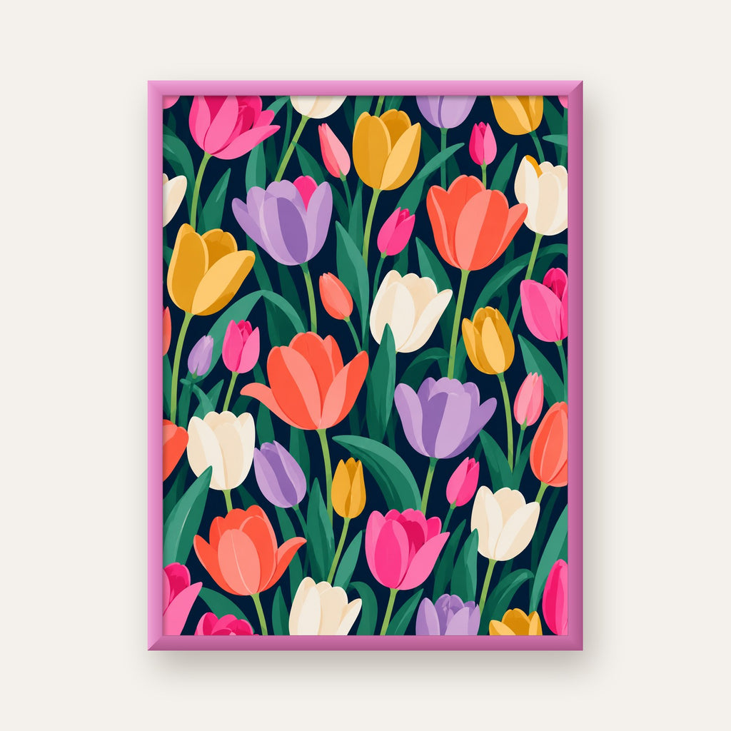 Renkli Lale Desenli Modern Dijital Poster Tablo — pembe çerçeveli