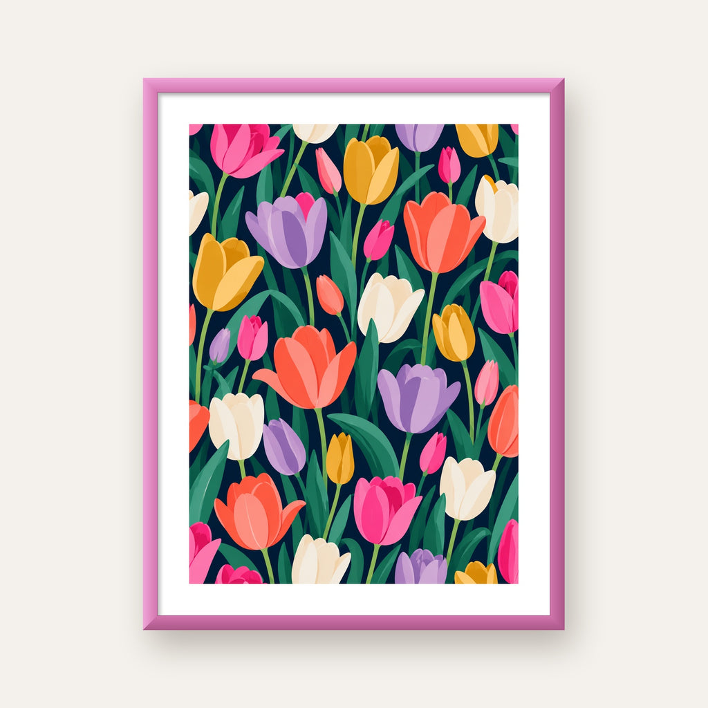 Renkli Lale Desenli Modern Dijital Poster Tablo — pembe çerçeveli paspartulu