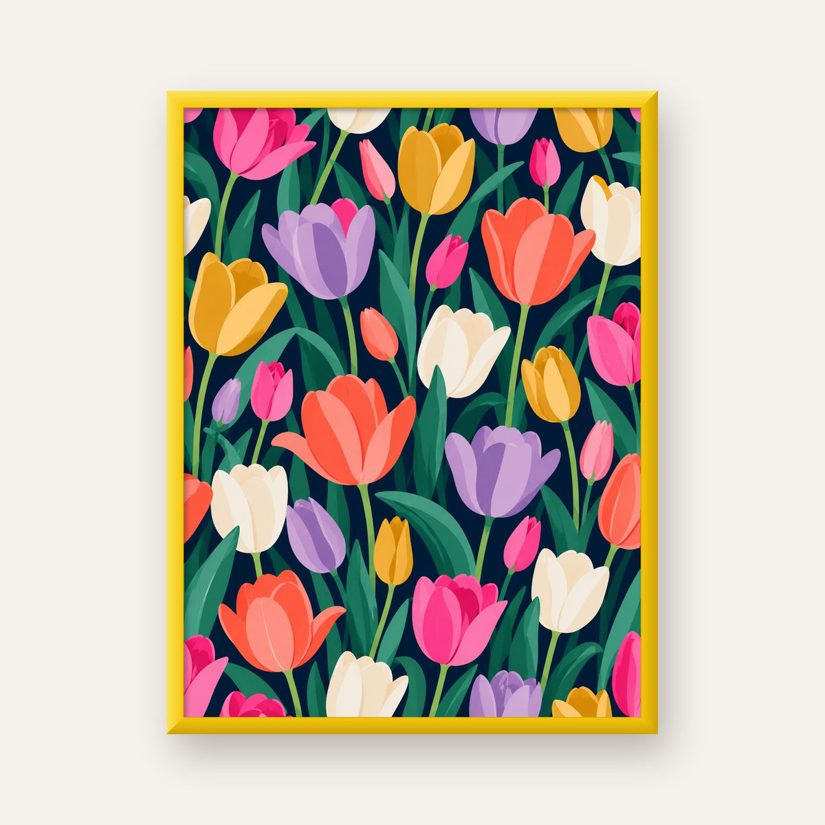 Renkli Lale Desenli Modern Dijital Poster Tablo — sarı çerçeveli