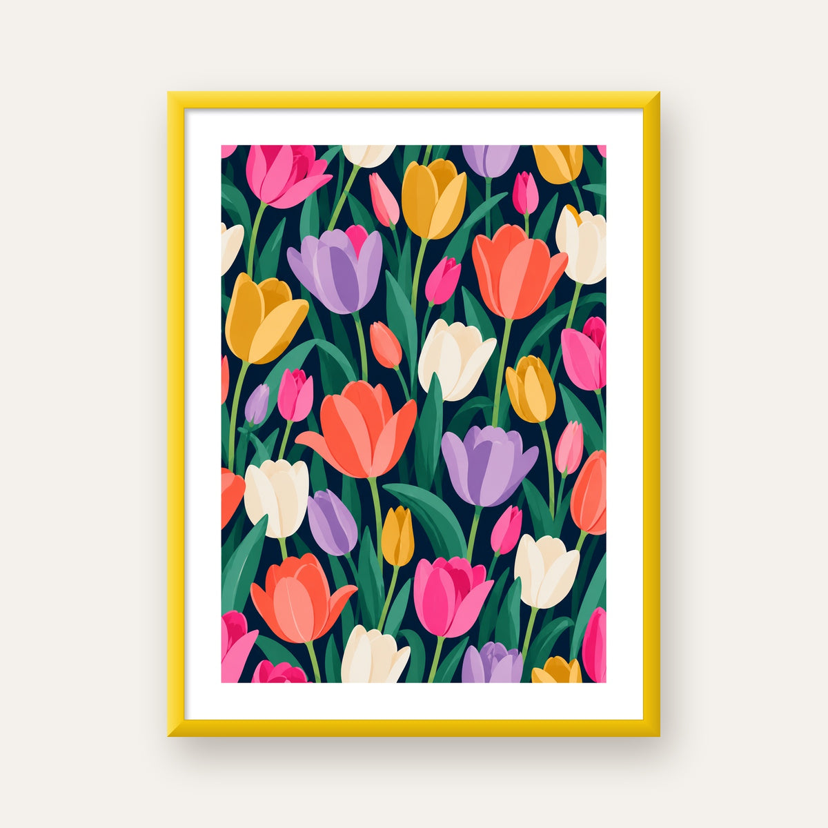 Renkli Lale Desenli Modern Dijital Poster Tablo — sarı çerçeveli paspartulu
