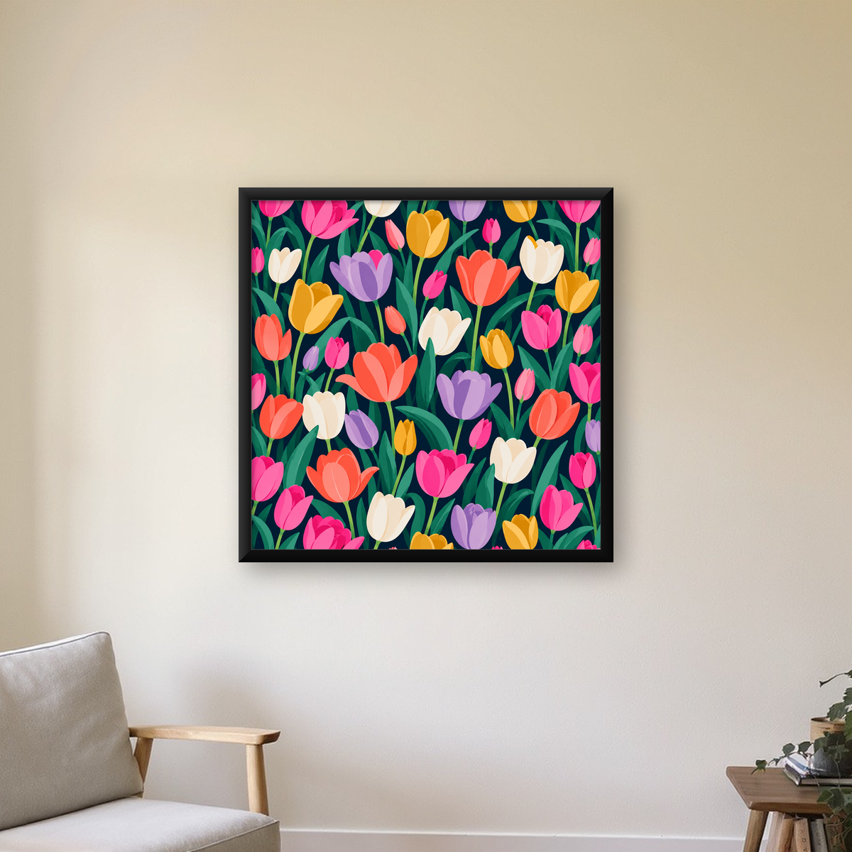 Koyu Zeminde Renkli Lale Desenli Modern Poster   — Kare baskı, çerçeveli hâliyle bir ev duvarında