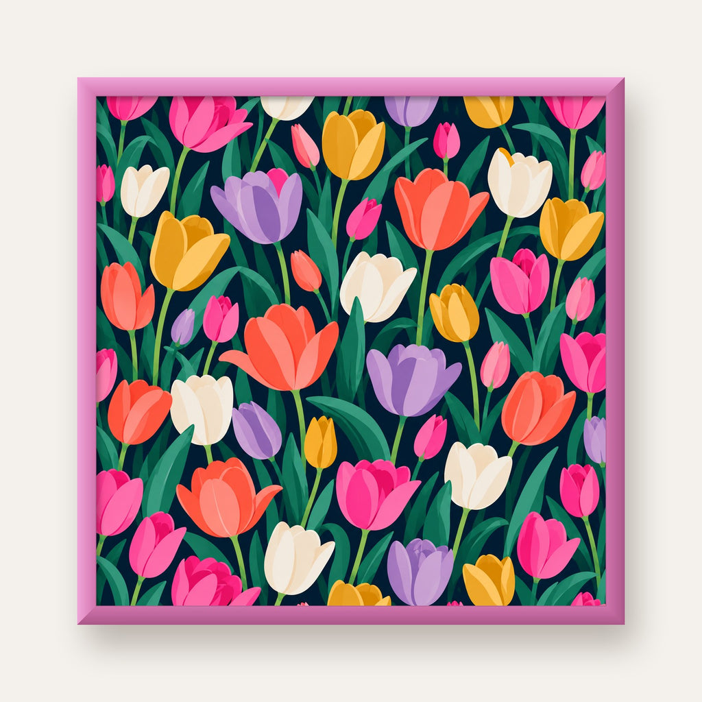Renkli Lale Desenli Modern Dijital Poster Tablo — pembe çerçeveli