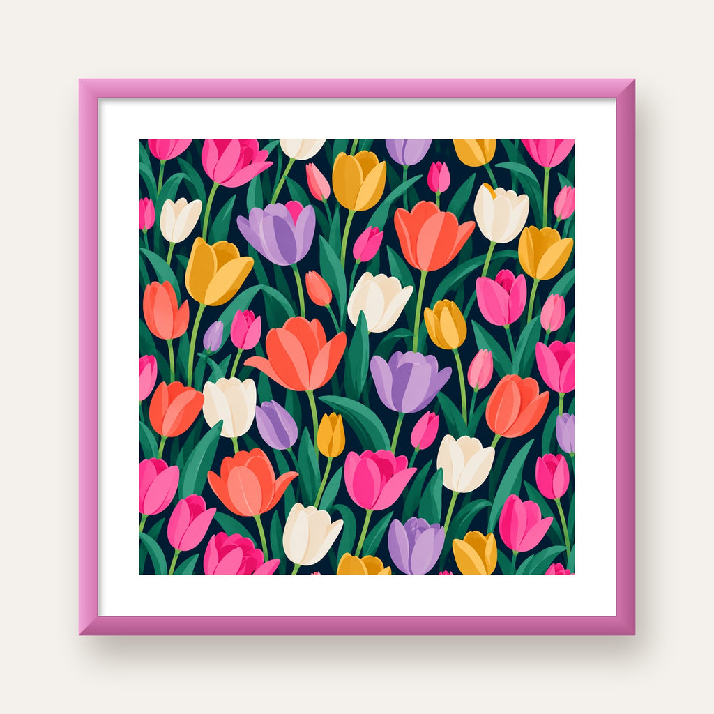 Renkli Lale Desenli Modern Dijital Poster Tablo — pembe çerçeveli paspartulu
