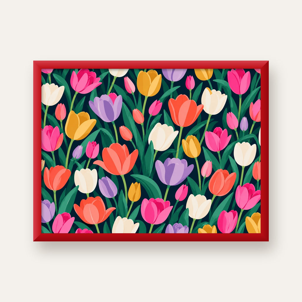 Renkli Lale Desenli Modern Dijital Poster Tablo — kırmızı çerçeveli