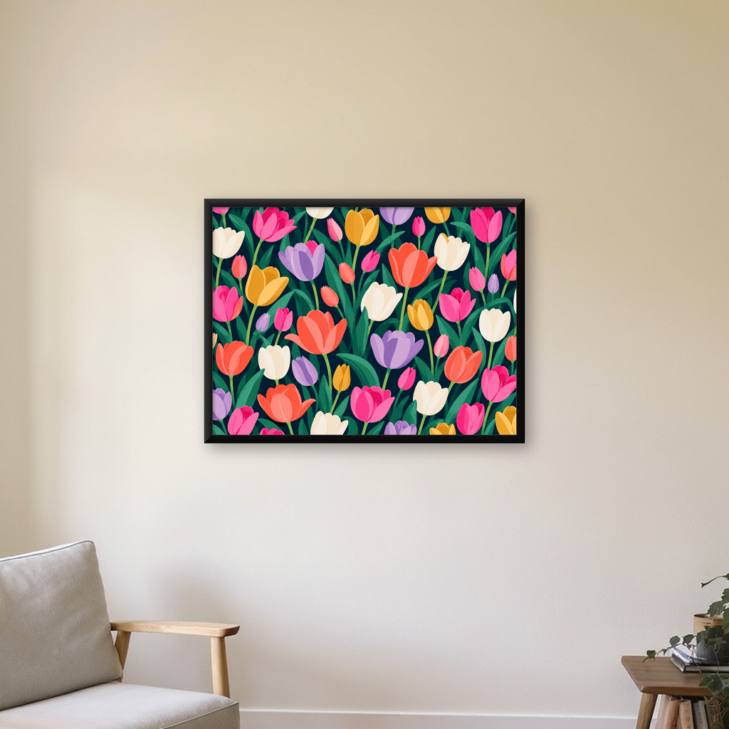 Koyu Zeminde Renkli Lale Desenli Modern Poster   — Yatay baskı, çerçeveli hâliyle bir ev duvarında