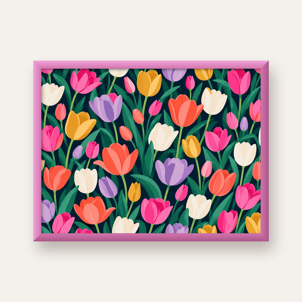 Renkli Lale Desenli Modern Dijital Poster Tablo — pembe çerçeveli