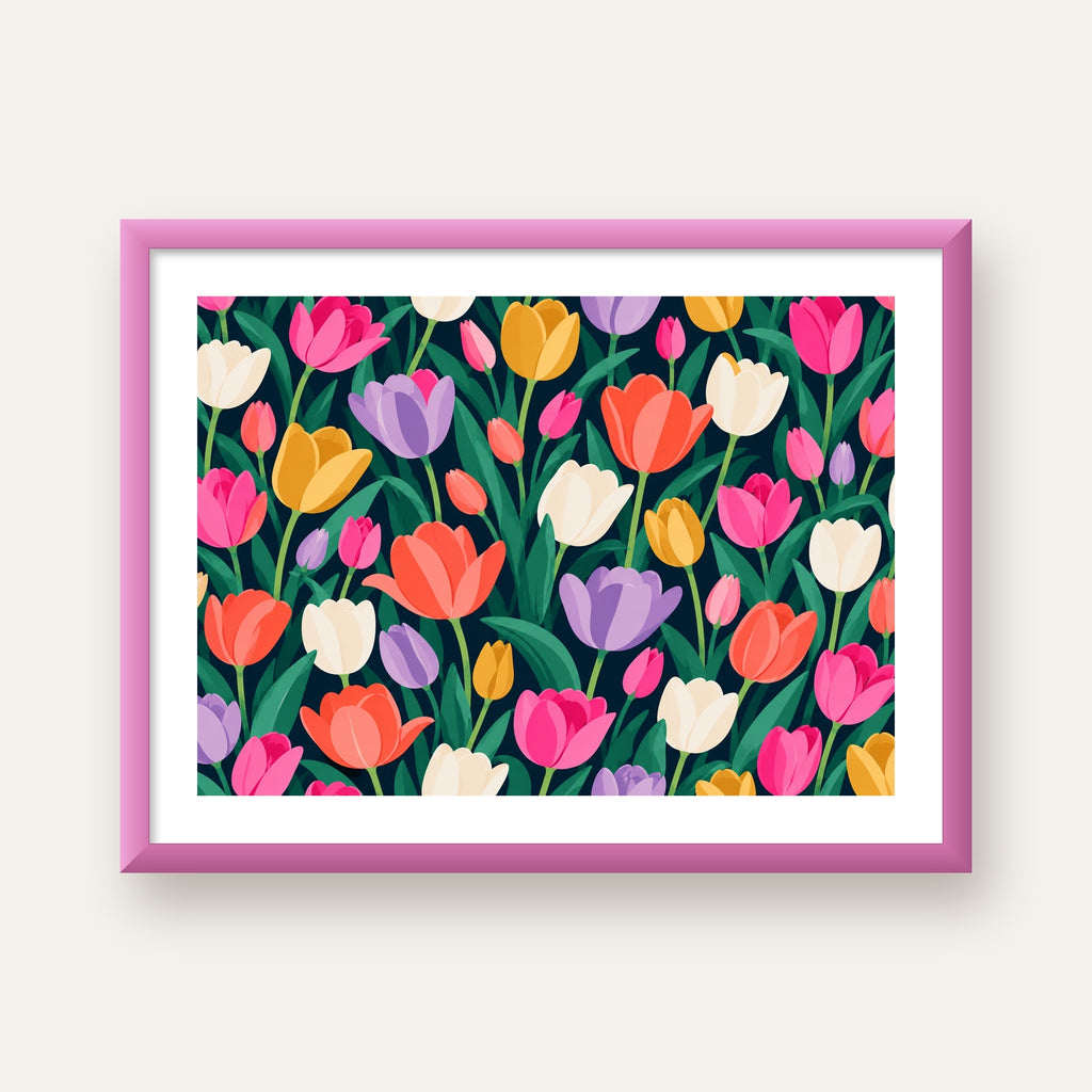 Renkli Lale Desenli Modern Dijital Poster Tablo — pembe çerçeveli paspartulu