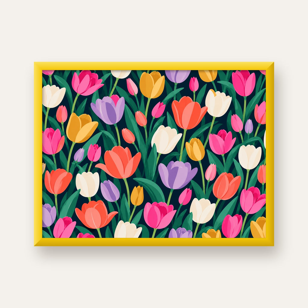 Renkli Lale Desenli Modern Dijital Poster Tablo — sarı çerçeveli