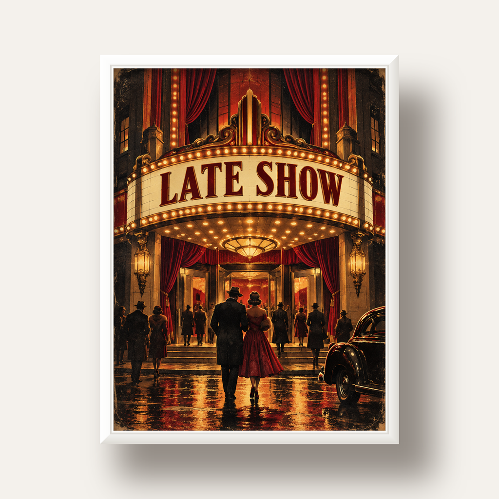 Late Show Vintage Sinema Afişi — beyaz derin çerçeveli