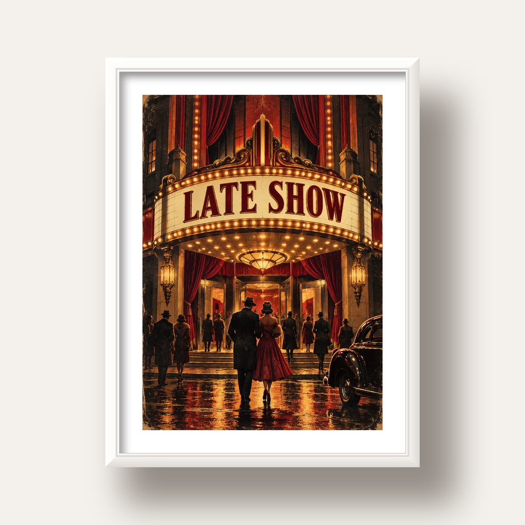 Late Show Vintage Sinema Afişi — beyaz derin çerçeveli paspartulu