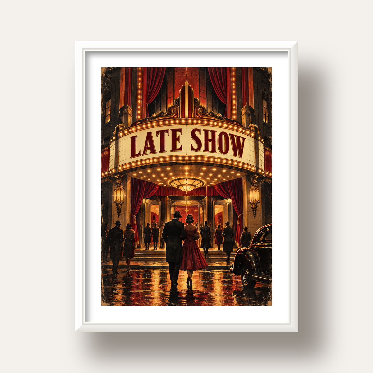 Late Show Vintage Sinema Afişi — beyaz derin çerçeveli paspartulu