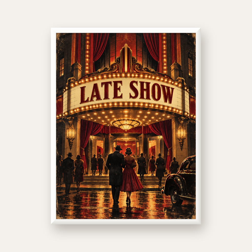 Late Show Vintage Sinema Afişi — beyaz çerçeveli dikey poster