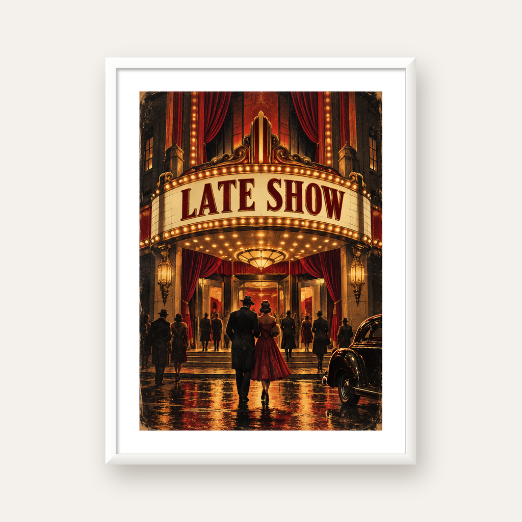 Late Show Vintage Sinema Afişi — beyaz çerçeveli dikey poster