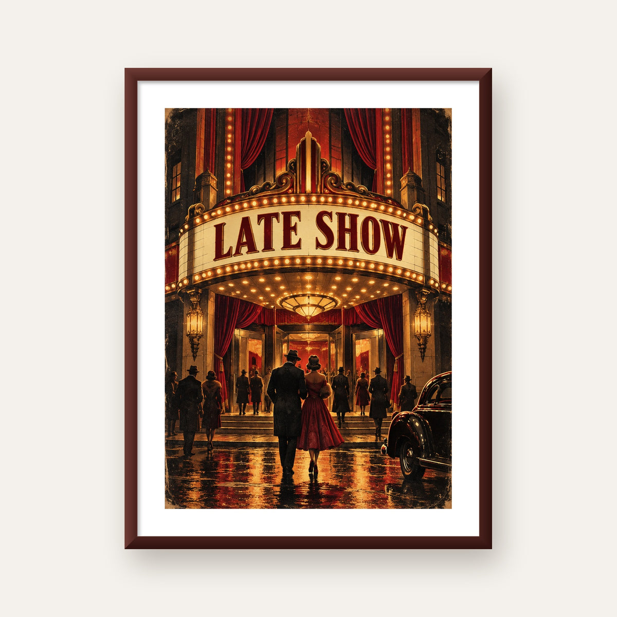 Late Show Vintage Sinema Afişi — ceviz çerçeveli paspartulu