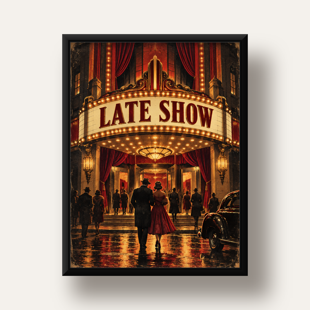 Late Show Vintage Sinema Afişi — siyah derin çerçeveli