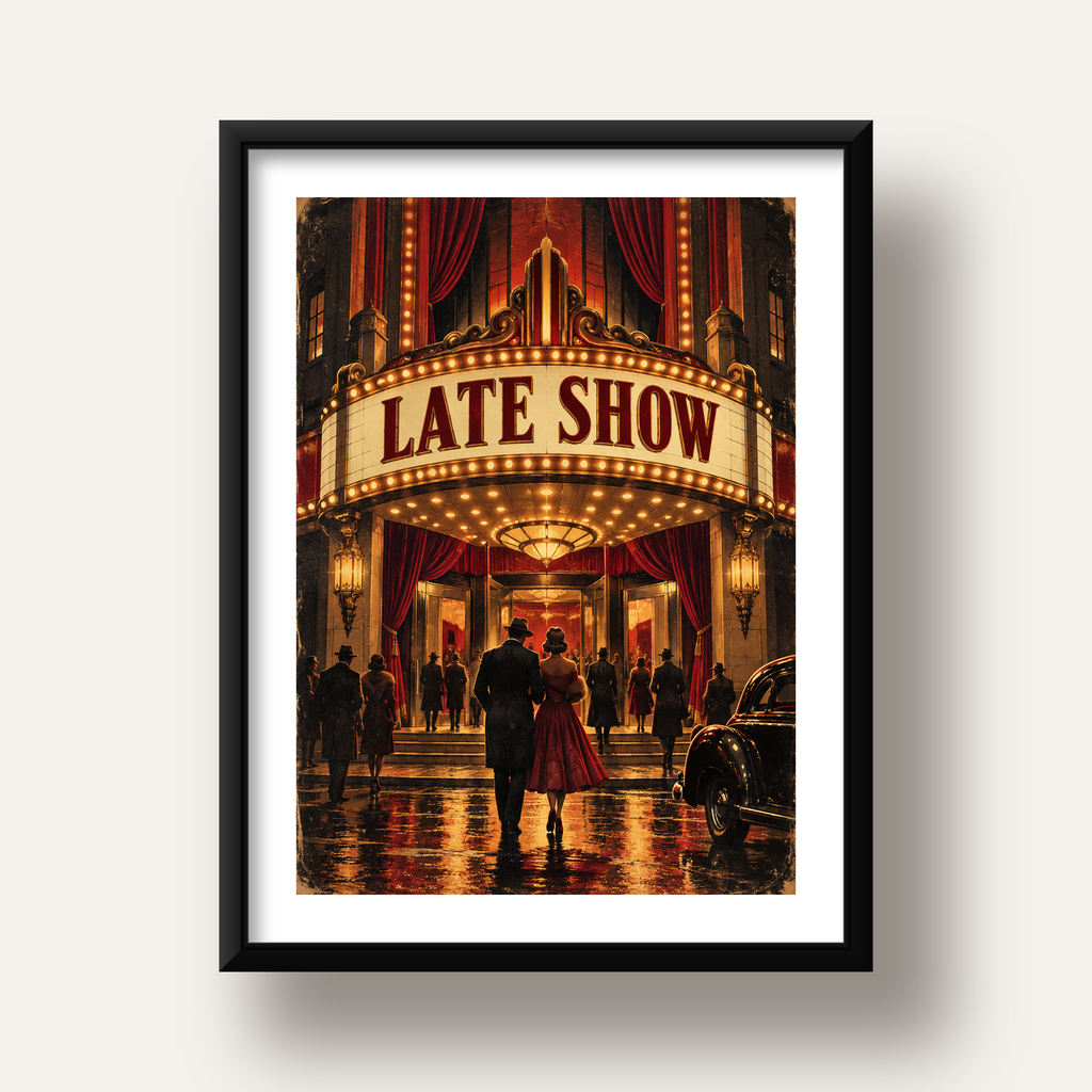 Late Show Vintage Sinema Afişi — siyah derin çerçeveli paspartulu