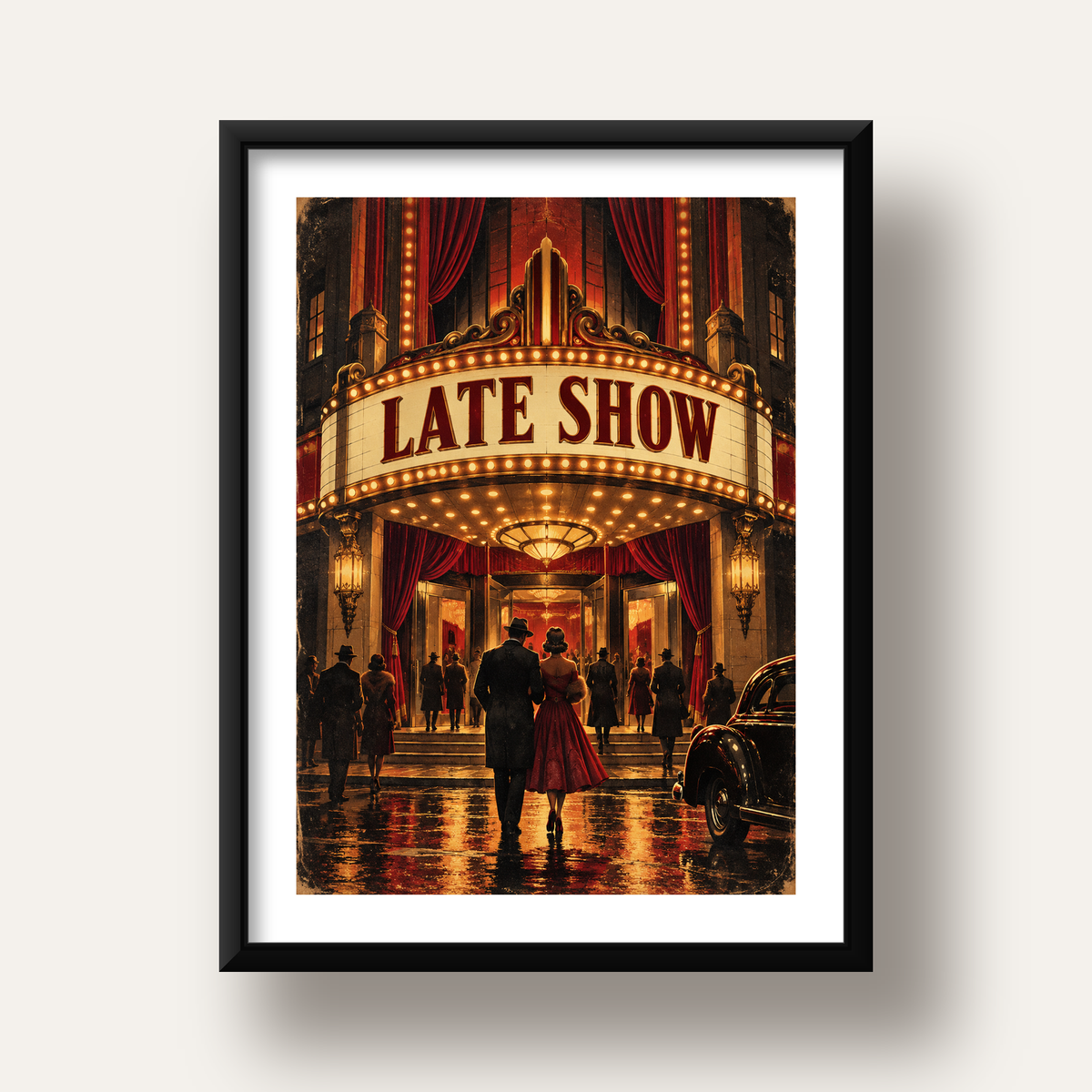 Late Show Vintage Sinema Afişi — siyah derin çerçeveli paspartulu