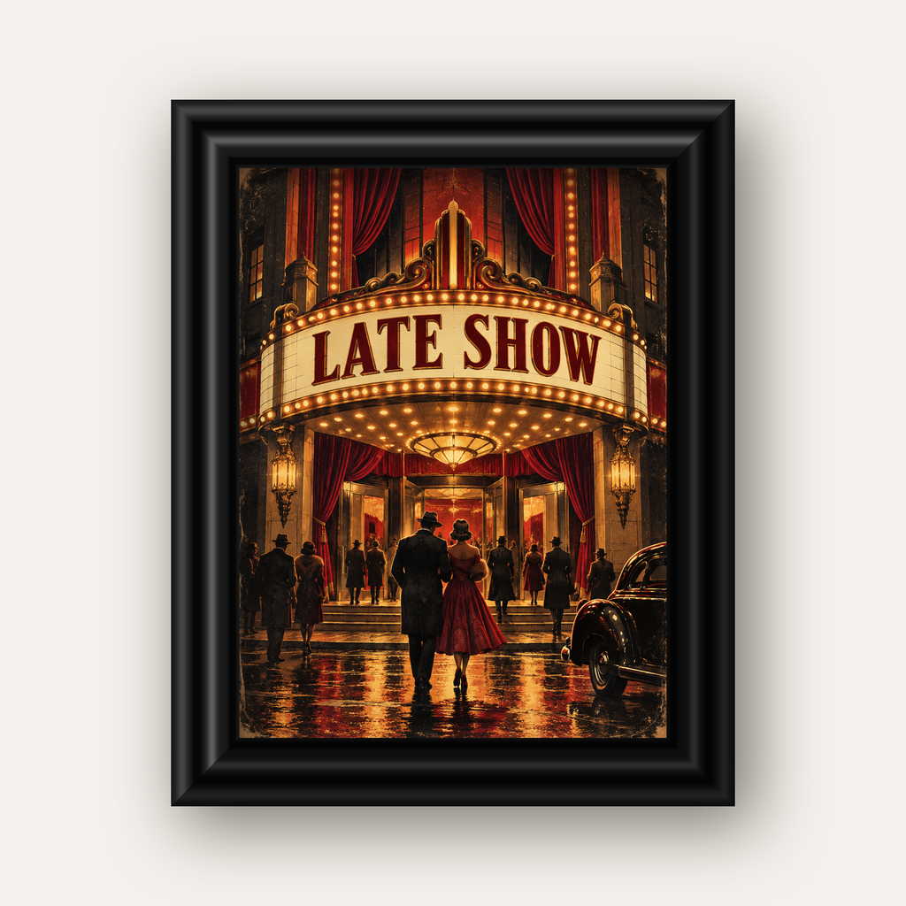 Late Show Vintage Sinema Afişi — siyah galeri çerçeveli