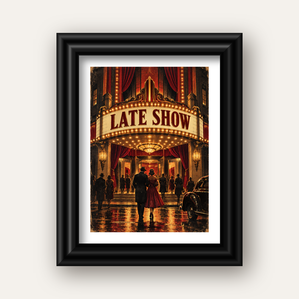 Late Show Vintage Sinema Afişi — siyah galeri çerçeveli paspartulu