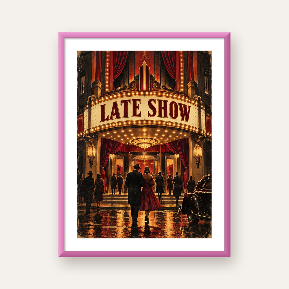 Late Show Vintage Sinema Afişi — pembe çerçeveli paspartulu