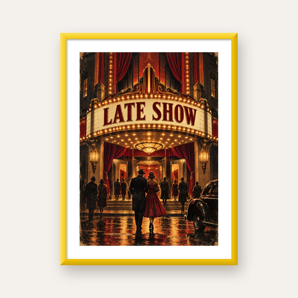 Late Show Vintage Sinema Afişi — sarı çerçeveli paspartulu