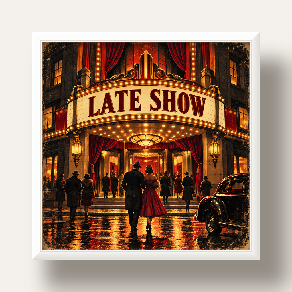 Late Show Vintage Sinema Afişi — beyaz derin çerçeveli