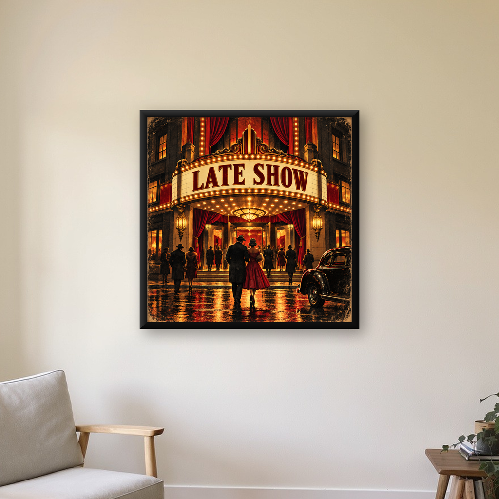 Retro Sinema Gecesi Poster – Vintage Gece Gösterimi Sanatı — Kare baskı, çerçeveli hâliyle bir ev duvarında