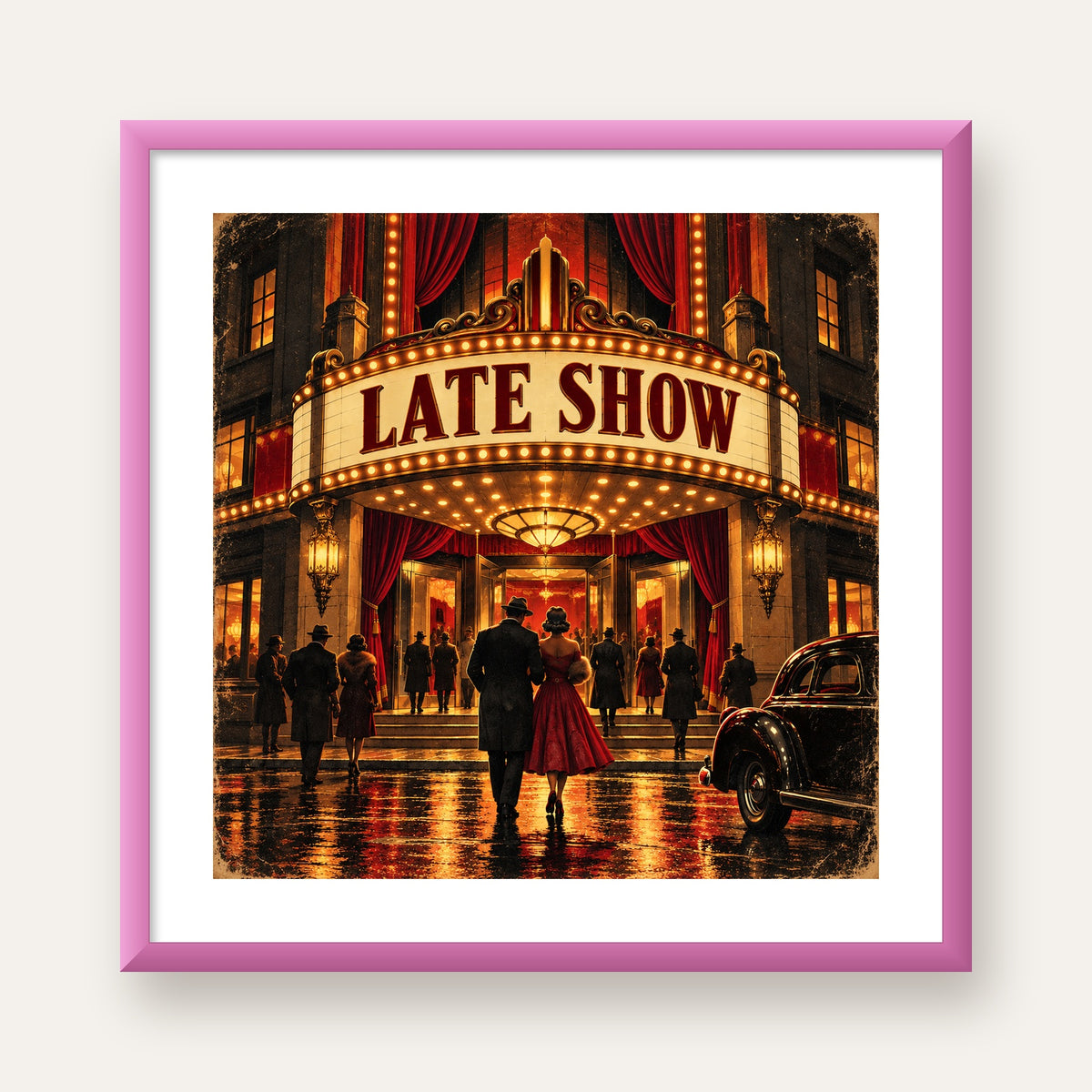 Late Show Vintage Sinema Afişi — pembe çerçeveli paspartulu